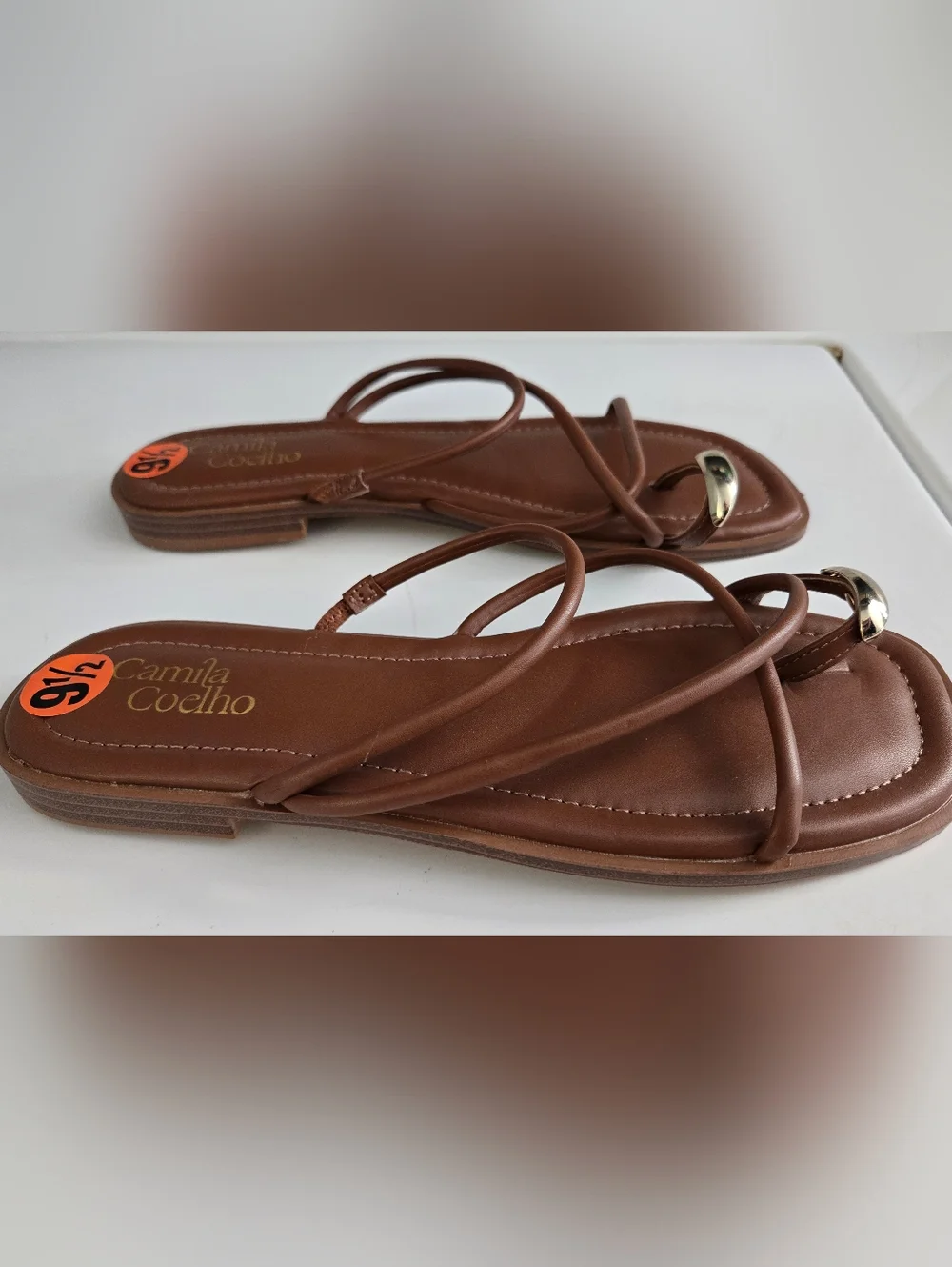 Camila Coelho Brown Strappy Sandals Gold‎ Accent Square Toe Size 9.5